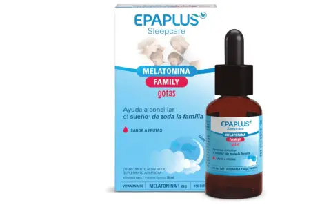 Gotas de melatonina familiar EPAPLUS Sleepcare, el mejor suplemento para dormir, con sabor a frutas para toda la familia.