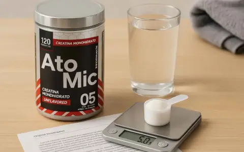 Un bote de creatina monohidrato, un vaso de agua y una báscula digital con una cucharada de polvo. Descubre los beneficios de la creatina monohidrato para tu entrenamiento.