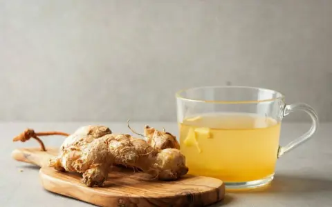 Raíz de jengibre en tabla de madera junto a una taza de té de jengibre, destacando sus propiedades beneficiosas.