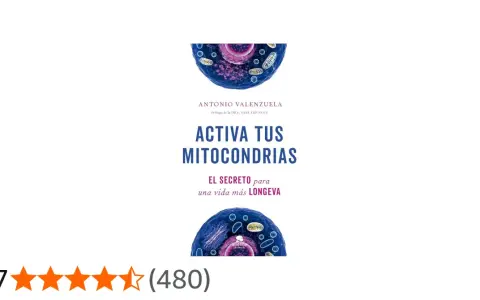 Libro "Activa tus mitocondrias", con ilustración celular y título que promete el secreto para una vida longeva.