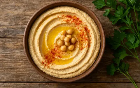 Un cremoso hummus en un cuenco de barro, decorado con garbanzos, aceite y pimentón. ¡Cuidado, el hummus engorda si no se consume con moderación!
