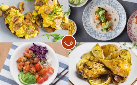 Cuatro platos deliciosos y saludables: tostadas con huevo y champiñones, taco con aguacate, poke bowl y pollo asado con limón. Opciones de alimentos bajos en calorías.