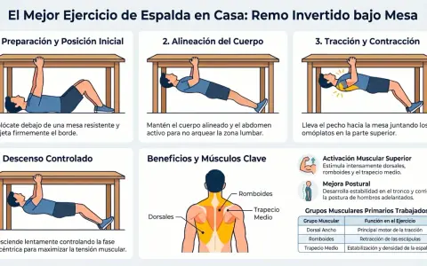 Ilustración de ejercicios de espalda en casa: remo invertido bajo mesa. Muestra preparación, alineación, tracción, descenso y beneficios.