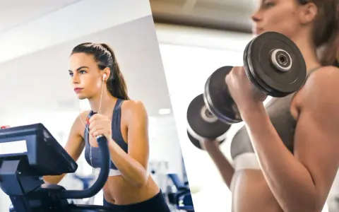 Mujer en cinta elíptica y otra levantando pesas. ¿Qué es mejor para perder peso cardio o pesas? Ambas son clave.