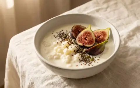 Un tazón de kéfir cremoso con higos frescos y semillas. El kéfir engorda por la noche, ¡un desayuno perfecto!