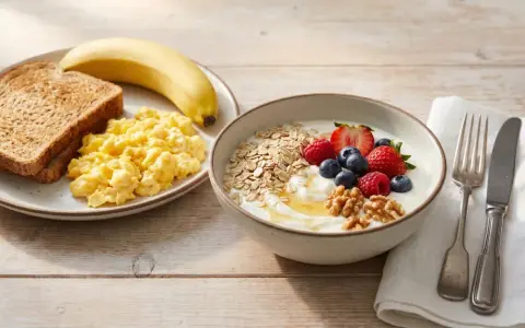 Desayuno con tostadas, huevos revueltos, plátano, yogur con frutos rojos, avena y nueces.