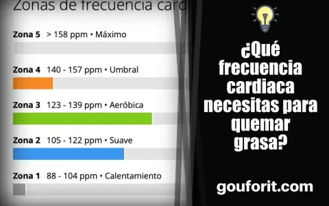 Tabla de zonas de frecuencia cardíaca para quemar grasa. Muestra rangos de pulsaciones para calentamiento, suave, aeróbico, umbral y máximo.