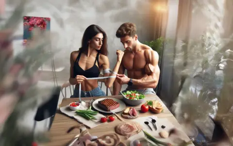 Pareja mide sus brazos, rodeados de alimentos saludables como carne y ensalada, sugiriendo un enfoque de protein sparing modified fast para alcanzar sus metas.