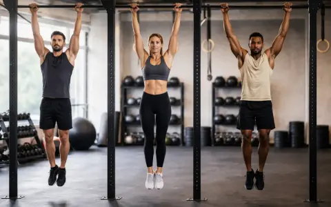 Tres personas, dos hombres y una mujer, se cuelgan de la barra en un gimnasio, entrenando su fuerza.