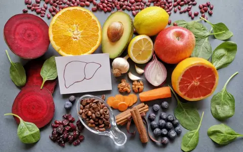 Una variedad de alimentos buenos para el hígado: remolacha, naranja, aguacate, limón, manzana, pomelo, espinacas, arándanos, café, canela, zanahoria, ajo, cebolla y nueces.