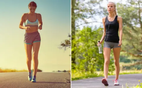 Dos mujeres haciendo ejercicio: una corriendo en una carretera soleada y otra caminando en un sendero boscoso. ¿Que adelgaza mas correr o andar?