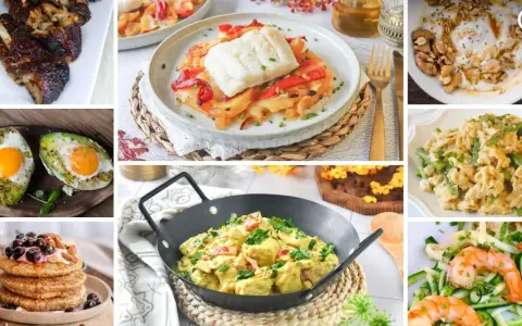 Variedad de platillos para dieta cetogenica menus: costillas, pescado, aguacate con huevo, yogur con frutos secos, revuelto de espárragos, curry y ensalada de camarones con calabacín.