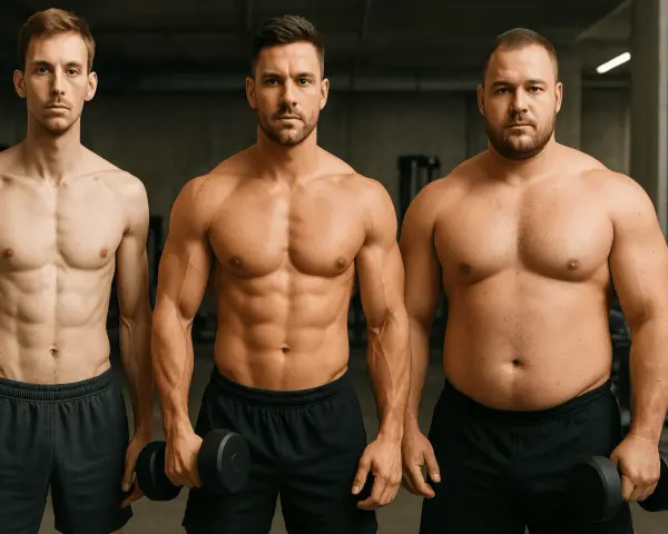 Tres hombres en un gimnasio. El de la izquierda es delgado y musculoso. El del medio tiene un cuerpo endomorfo musculoso. El de la derecha es más corpulento.