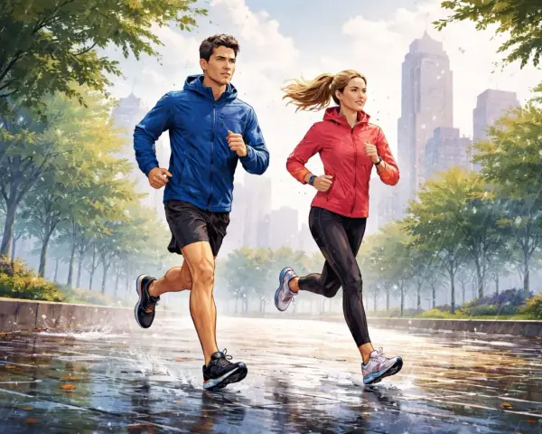 Pareja corre con lluvia en un parque urbano. El suelo mojado refleja las luces de la ciudad y los árboles verdes.