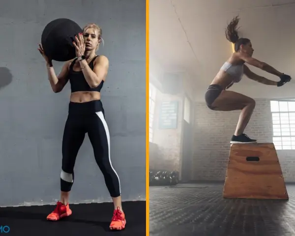 Mujer levanta balón medicinal, otra salta en cajón. ¡Entrenamiento intenso como el de Mijailo Mudryk!