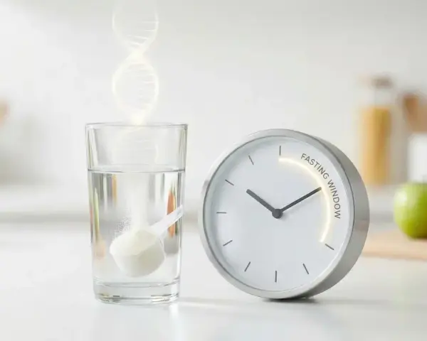 Un vaso de agua con una cucharada de polvo y un reloj marcan el momento en que la glicina rompe el ayuno.