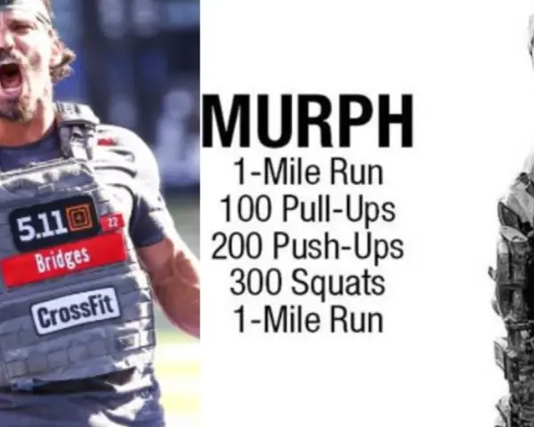 Atleta de CrossFit con chaleco de peso, junto a la descripción del entrenamiento Murph y un soldado.