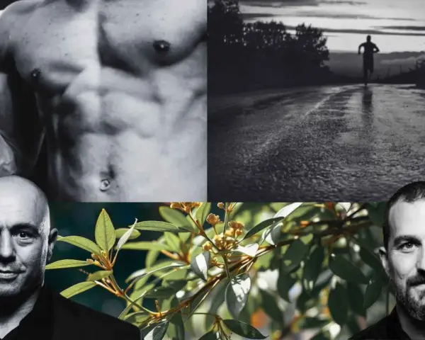 Hombres fuertes, un corredor al amanecer y una rama con hojas y flores, evocando la potencia natural del tongkat ali.