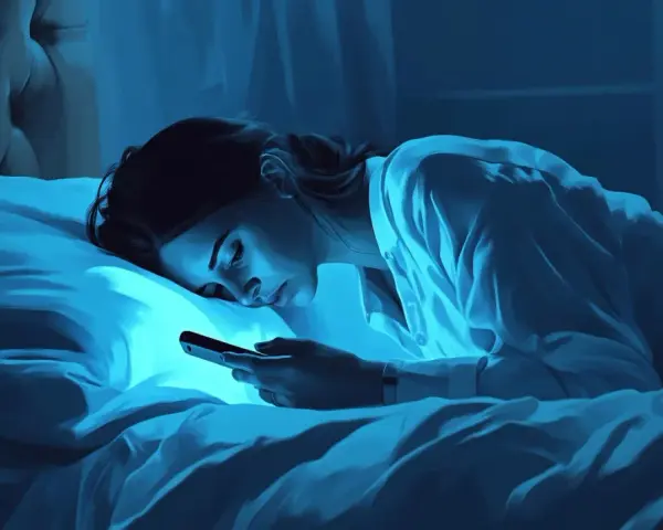 Mujer en la cama con su teléfono, iluminada por la luz azul. ¿Cuántas calorías se queman durmiendo?