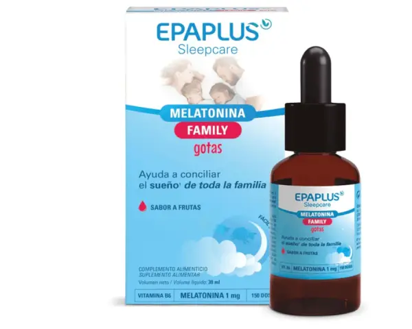 Gotas de melatonina familiar EPAPLUS Sleepcare, el mejor suplemento para dormir, con sabor a frutas para toda la familia.