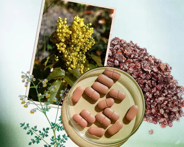 Berberina para adelgazar: extracto de planta amarilla, bayas secas y pastillas en un plato.
