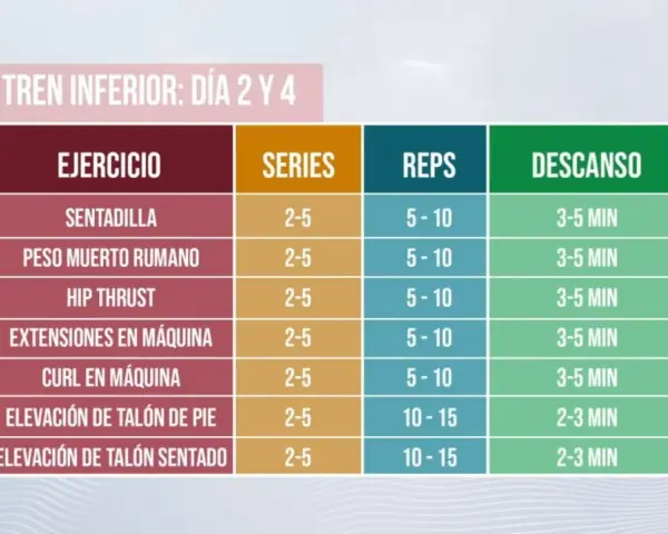 Tabla de ejercicios para tren inferior: cuántos ejercicios hacer por grupo muscular. Incluye sentadilla, peso muerto rumano, hip thrust, extensiones y curls en máquina, elevación de talón.