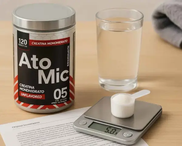 Un bote de creatina monohidrato, un vaso de agua y una báscula digital con una cucharada de polvo. Descubre los beneficios de la creatina monohidrato para tu entrenamiento.