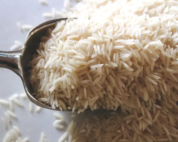 Cuchara llena de arroz basmati. Aunque la crema de arroz engorda, este grano es un carbohidrato básico.