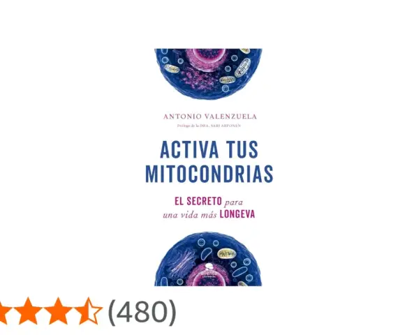 Libro "Activa tus mitocondrias", con ilustración celular y título que promete el secreto para una vida longeva.