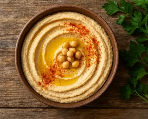 Un cremoso hummus en un cuenco de barro, decorado con garbanzos, aceite y pimentón. ¡Cuidado, el hummus engorda si no se consume con moderación!