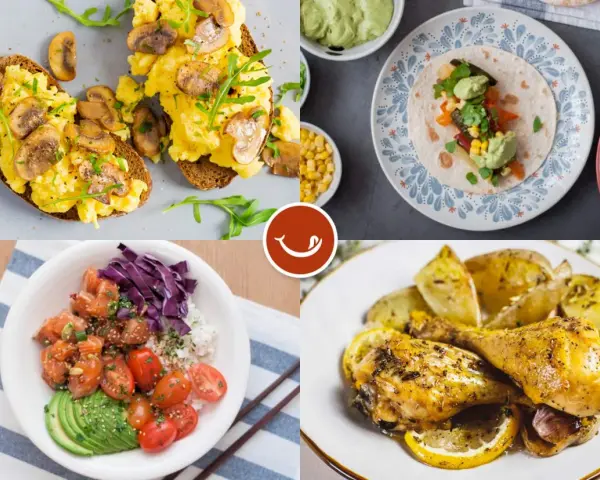 Cuatro platos deliciosos y saludables: tostadas con huevo y champiñones, taco con aguacate, poke bowl y pollo asado con limón. Opciones de alimentos bajos en calorías.