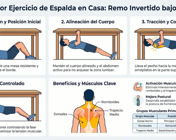 Ilustración de ejercicios de espalda en casa: remo invertido bajo mesa. Muestra preparación, alineación, tracción, descenso y beneficios.