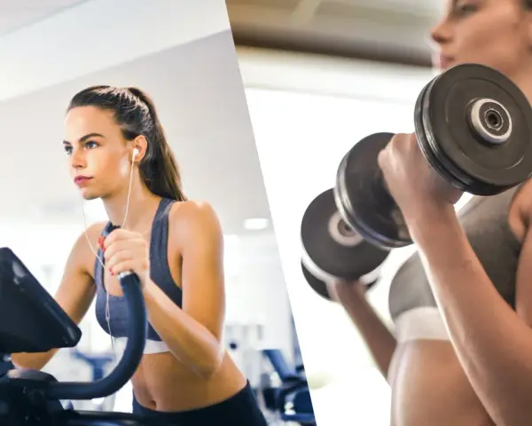 Mujer en cinta elíptica y otra levantando pesas. ¿Qué es mejor para perder peso cardio o pesas? Ambas son clave.