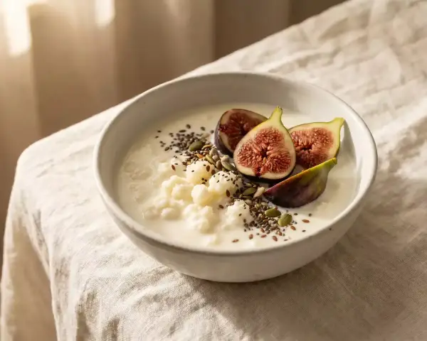 Un tazón de kéfir cremoso con higos frescos y semillas. El kéfir engorda por la noche, ¡un desayuno perfecto!