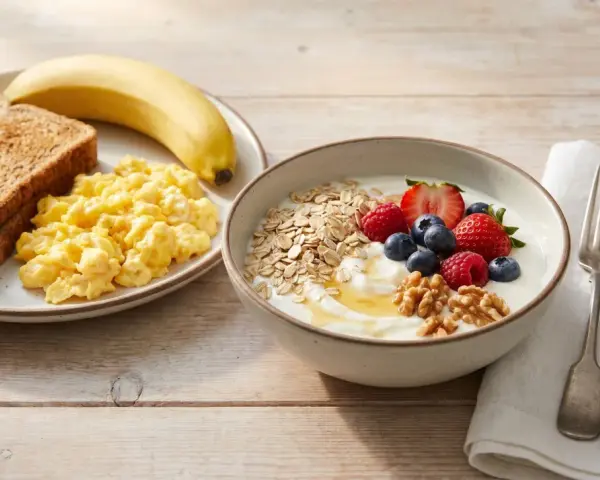 Desayuno con tostadas, huevos revueltos, plátano, yogur con frutos rojos, avena y nueces.