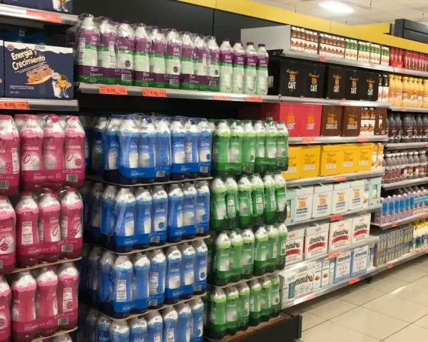 Estanterías llenas de leche desnatada y entera, incluyendo leche a2 mercadona. Variedad de formatos y marcas.