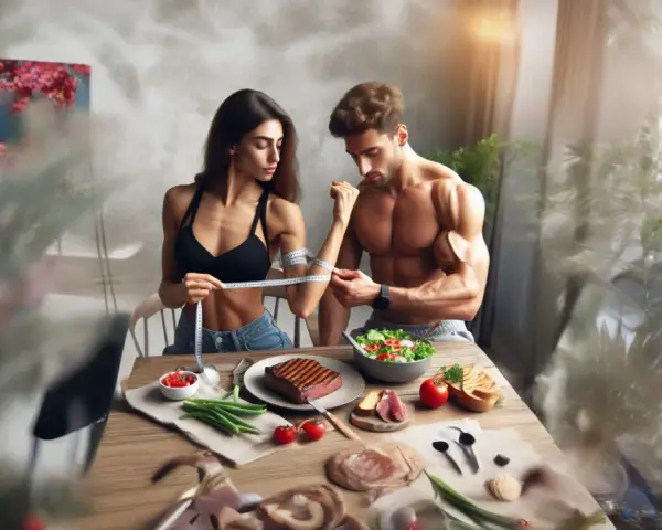 Pareja mide sus brazos, rodeados de alimentos saludables como carne y ensalada, sugiriendo un enfoque de protein sparing modified fast para alcanzar sus metas.