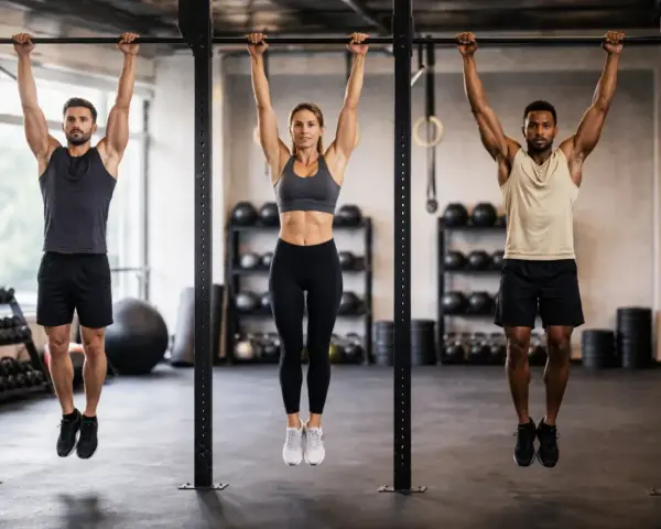 Tres personas, dos hombres y una mujer, se cuelgan de la barra en un gimnasio, entrenando su fuerza.