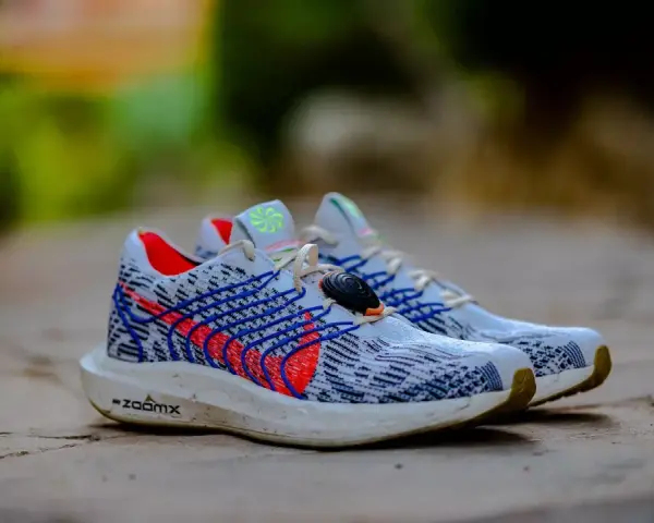 Zapatillas Nike Pegasus Plus hombre, con diseño tejido blanco y azul, detalles rojos y suela ZoomX.