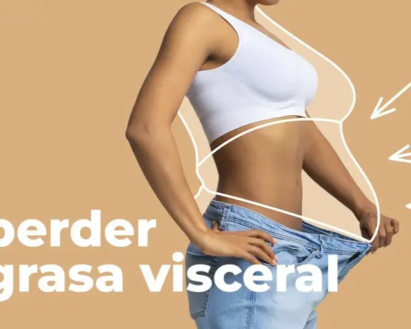 Mujer con jeans holgados, mostrando su abdomen plano. Ilustración de contorno y flechas indican la reducción de tipos de grasa abdominal.