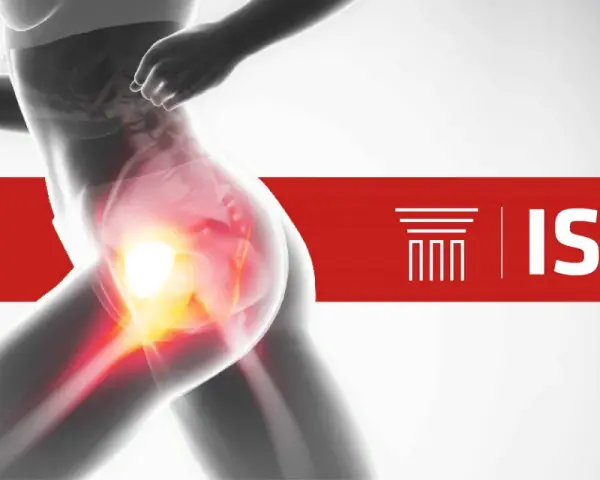 Silueta de corredor con zona de dolor en la cadera, indicando posible **hip pain after running**. Logo ISAF.