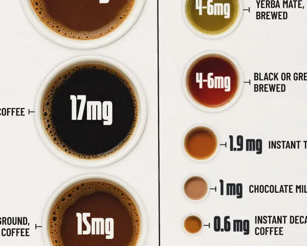 Varias tazas de café y té con sus contenidos de cafeína. El café tiene más cafeína, lo que influye en cuanto tarda en hacer efecto el café.