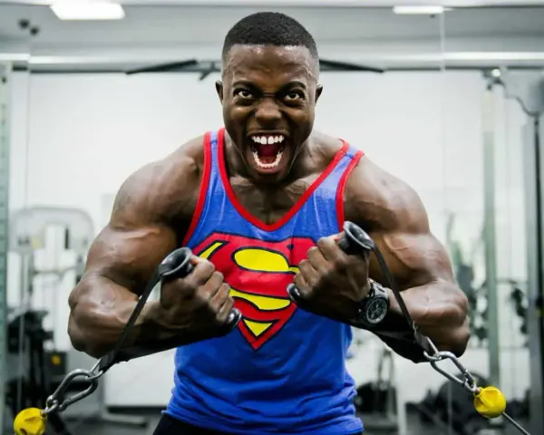 Hombre con camiseta de Superman haciendo un curl bayesian en el gimnasio, con expresión de esfuerzo.