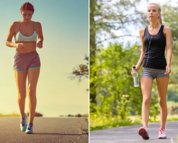 Dos mujeres haciendo ejercicio: una corriendo en una carretera soleada y otra caminando en un sendero boscoso. ¿Que adelgaza mas correr o andar?