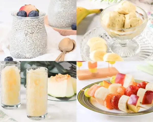 Postres saludables recetas: pudín de chía, helado de plátano, granizado de melón y brochetas de frutas.