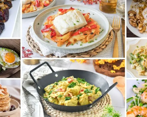 Variedad de platillos para dieta cetogenica menus: costillas, pescado, aguacate con huevo, yogur con frutos secos, revuelto de espárragos, curry y ensalada de camarones con calabacín.