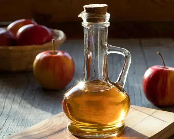 Botella de vinagre de manzana artesanal junto a manzanas rojas. Considera las vinagre de manzana contraindicaciones antes de su uso.