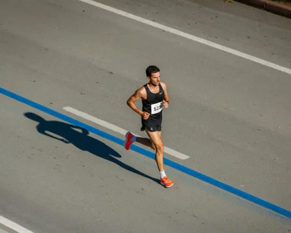 Corredor concentrado en la carrera, aprendiendo como respirar al correr para optimizar su rendimiento. Su sombra se proyecta larga sobre el asfalto.