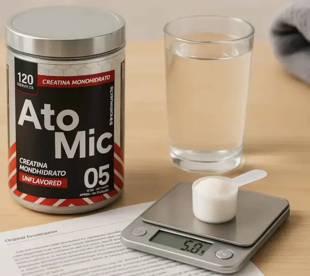 Un bote de creatina monohidrato, un vaso de agua y una báscula digital con una cucharada de polvo. Descubre los beneficios de la creatina monohidrato para tu entrenamiento.