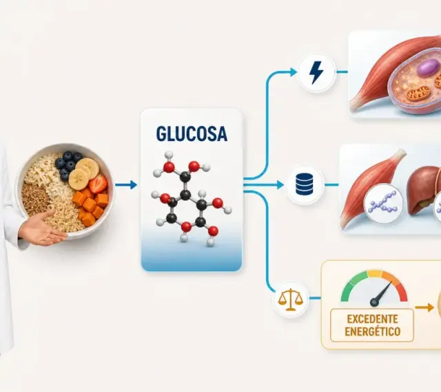 Un científico muestra un tazón de comida. La glucosa de los carbohidratos que engordan se convierte en energía inmediata o glucógeno, o en un excedente energético.